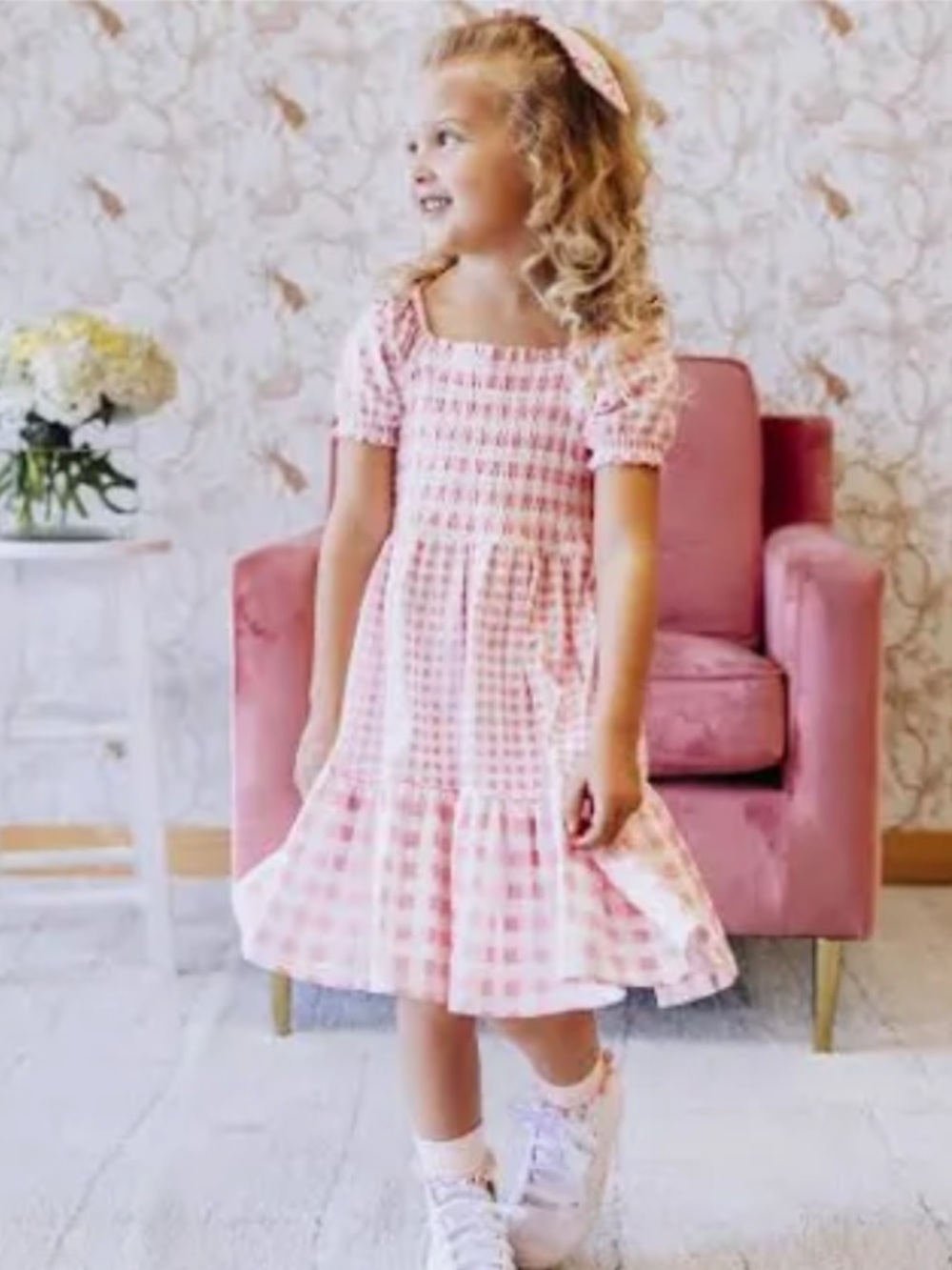Girls' Pink Gingham Smocked Sundress